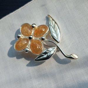 SFJ Floral Brooch With faux Amber cabs And Silver Color 1970